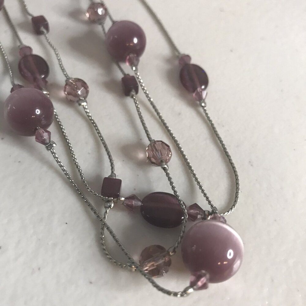 Lia Sophia Necklace Purple Glass Multi Strand Cats Eye Violet Fog Silver Tone